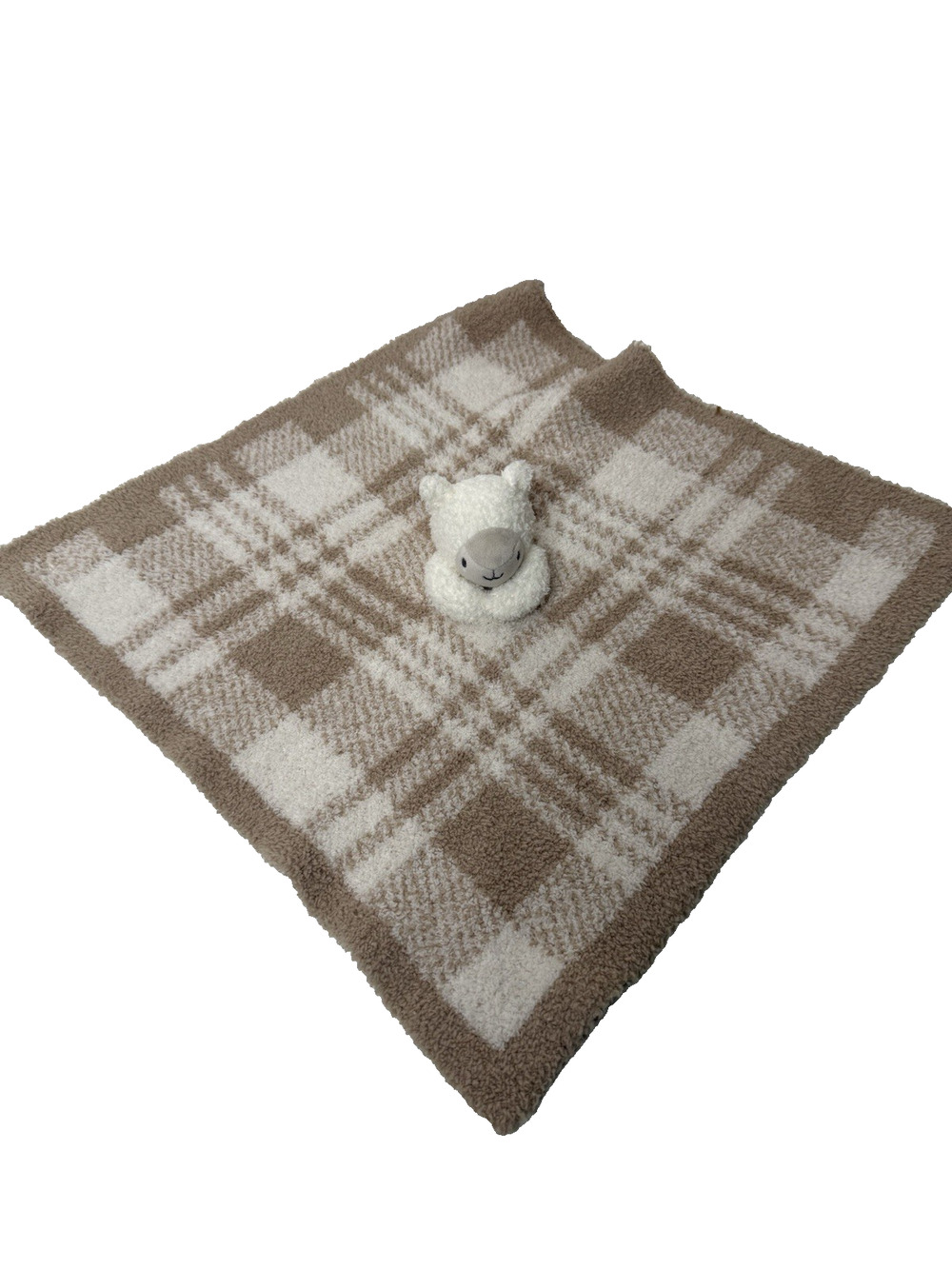Barefoot Dreams CozyChic Lamb Security Blanket Lovey Cream Tan Plaid Beige